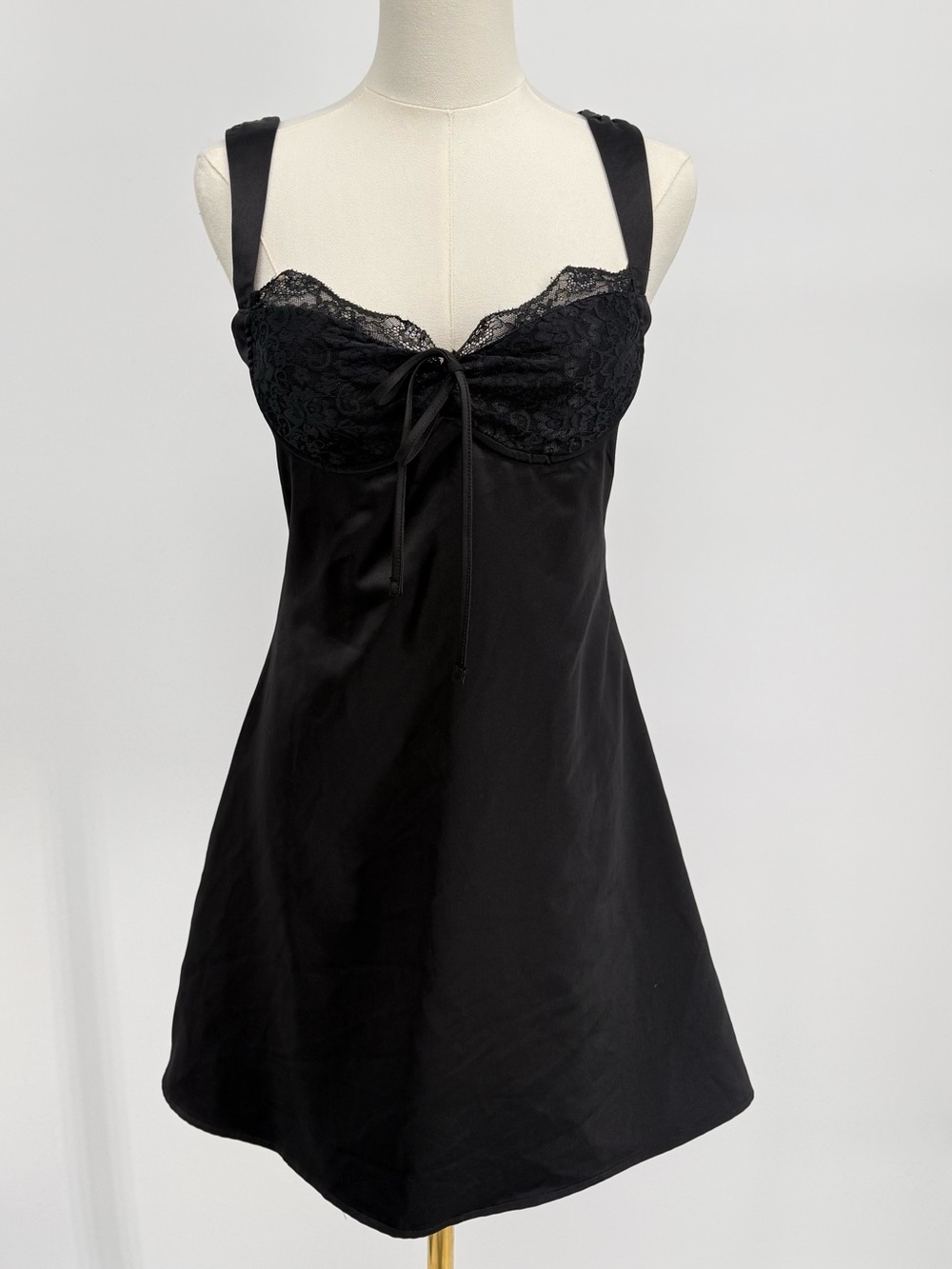 Black Lace-Trim Satin Slip Dress